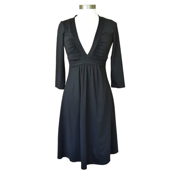SUSANA MONACO Black Plunge V-neck A-line Dress 3/4 Sleeve Stretch Jersey - Picture 1 of 7